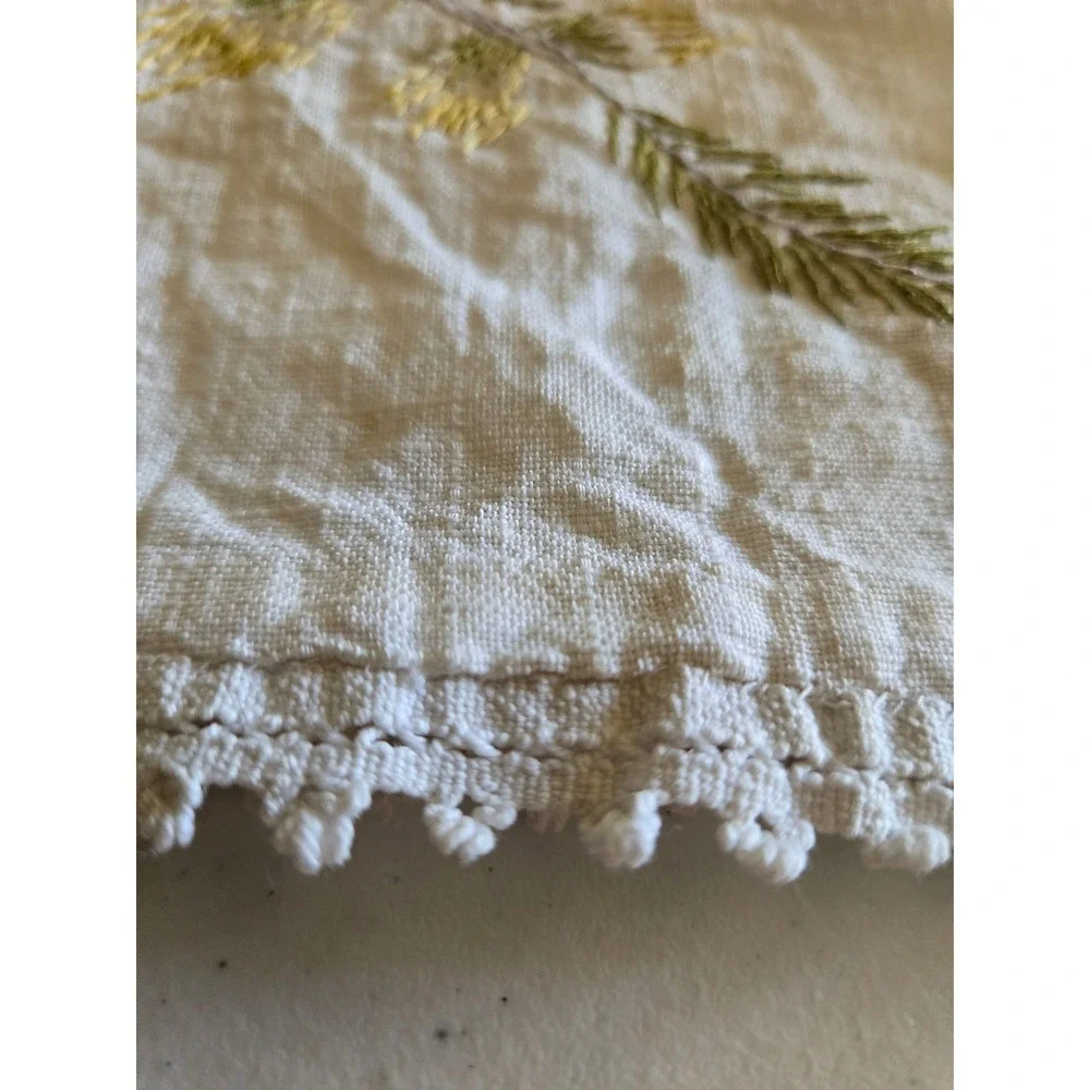 Vintage Hand Embroidered Table Runner Blue Bird Pinecone Lace 13x40 White